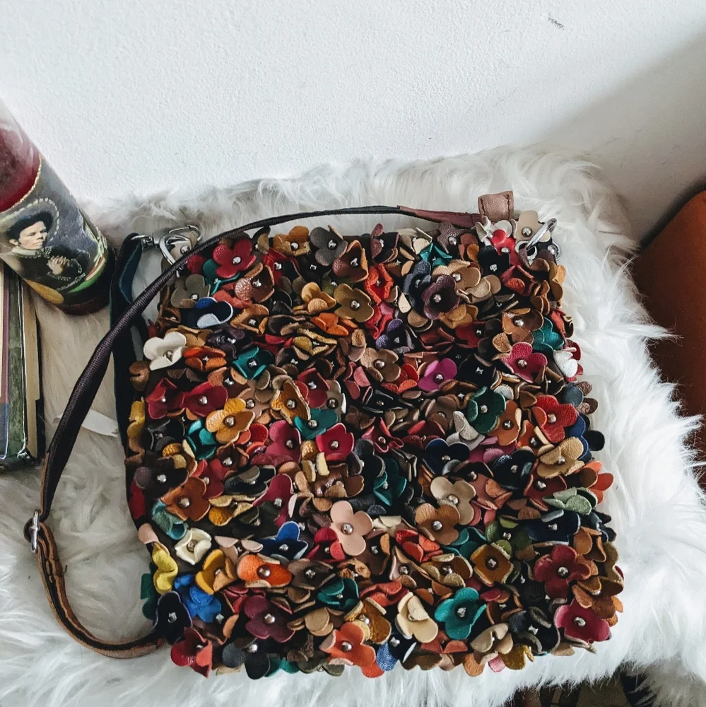 H2Z Recycled Leather Floral Studded Hobo Bag